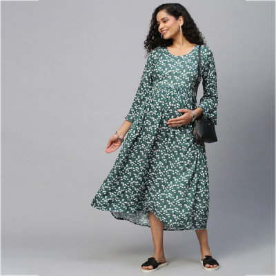 Green & White Floral Maternity Maxi Maxi Dress