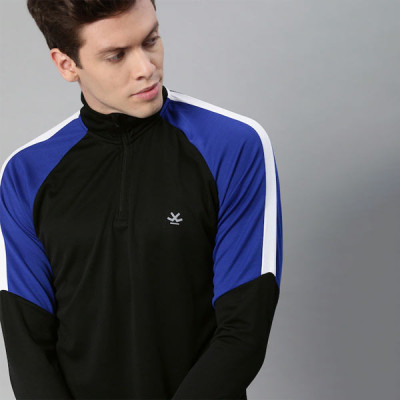 Men Black Solid High Neck T-shirt With Colourblocked Sleeves