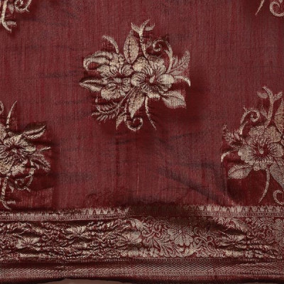 Maroon Floral Linen Blend Banarasi Saree